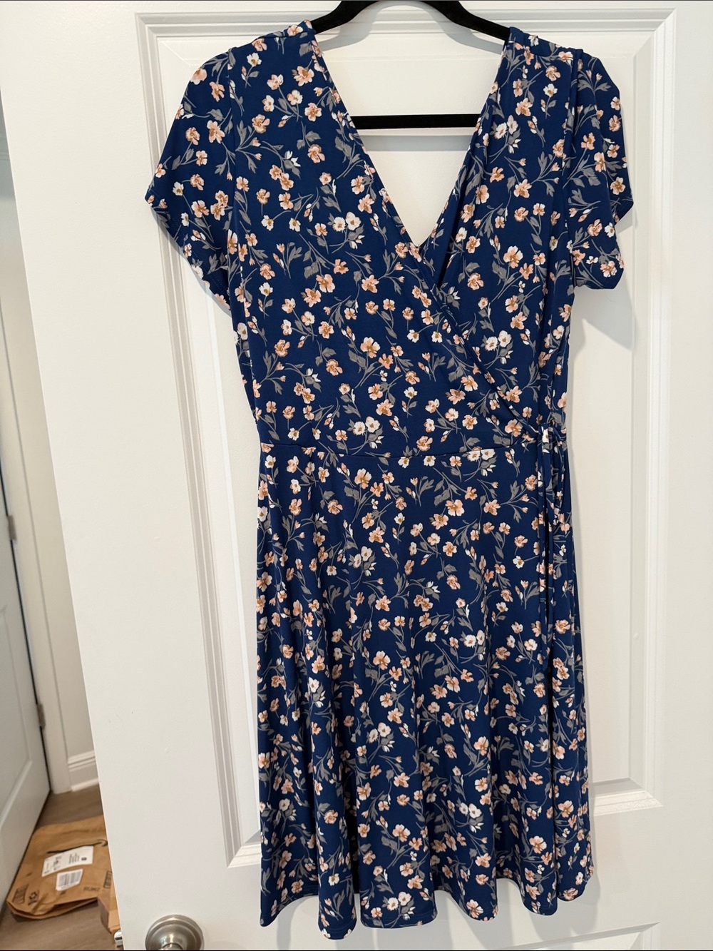 Kaileigh Navy Floral Wrap Midi Dress with Peach Accents